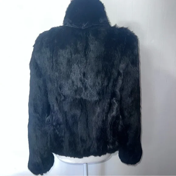 Rabbit Fur Zip Up Mob Wife Fur Coat With Tail Tassels Black M - Picture 13 of 15